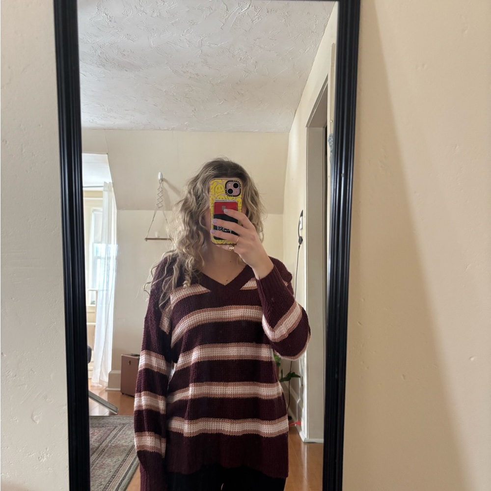 American Eagle Outfitters Striped V-Neck Sweater - Burgundy & Cream